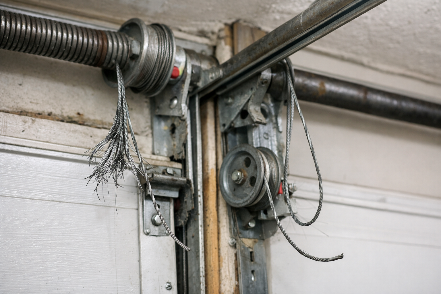 Frayed garage door cable causing uneven and unsafe door lifting