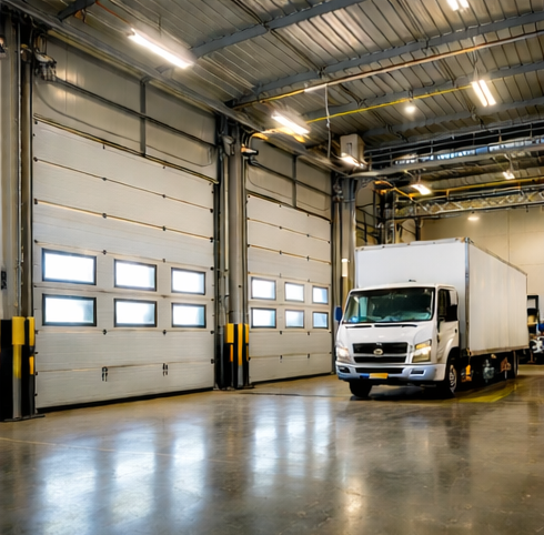 Technician repairing a commercial overhead garage door
