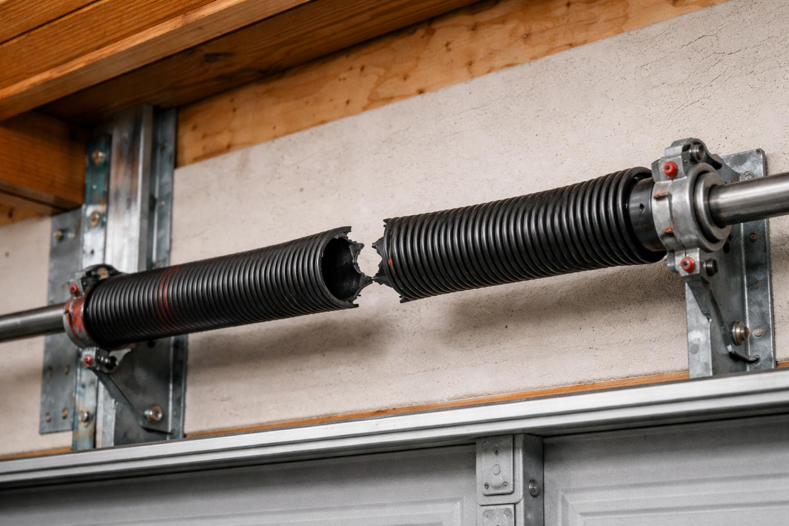 Damaged garage door spring causing uneven door movement