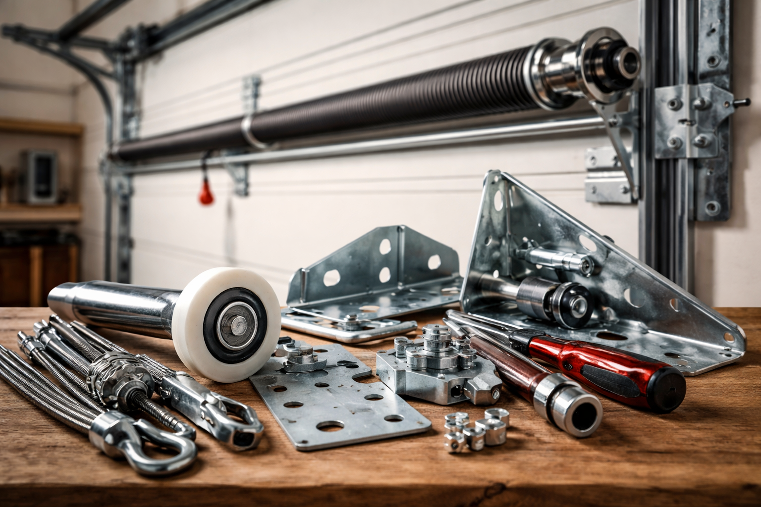 Worn garage door hinges and brackets replaced before failure occurs